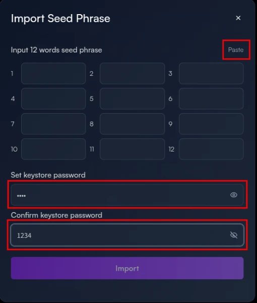 How to import seed phrase to create keystore